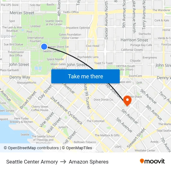 Seattle Center Armory to Amazon Spheres map