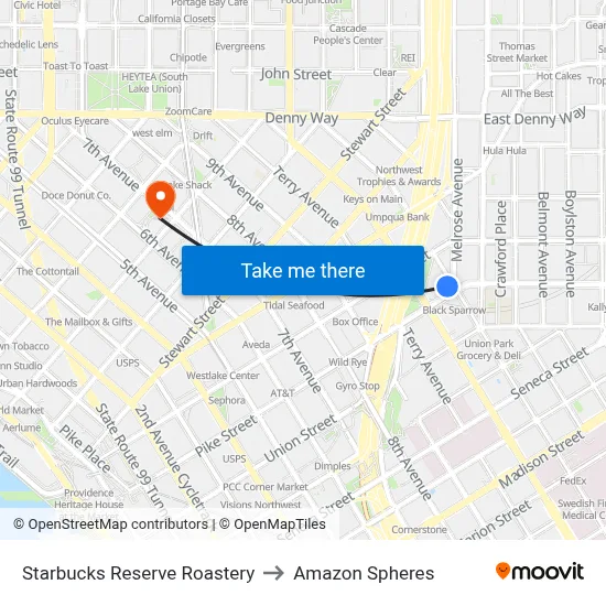 Starbucks Reserve Roastery to Amazon Spheres map