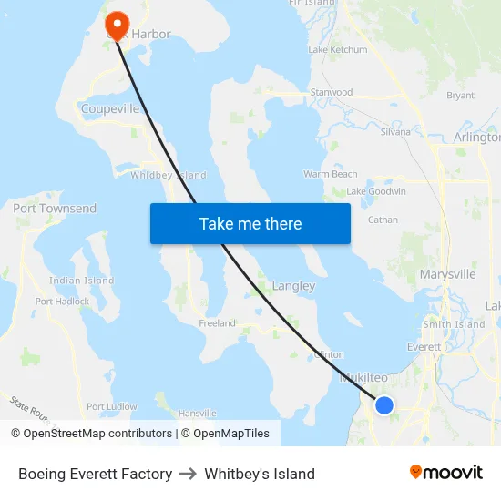 Boeing Everett Factory to Whitbey's Island map