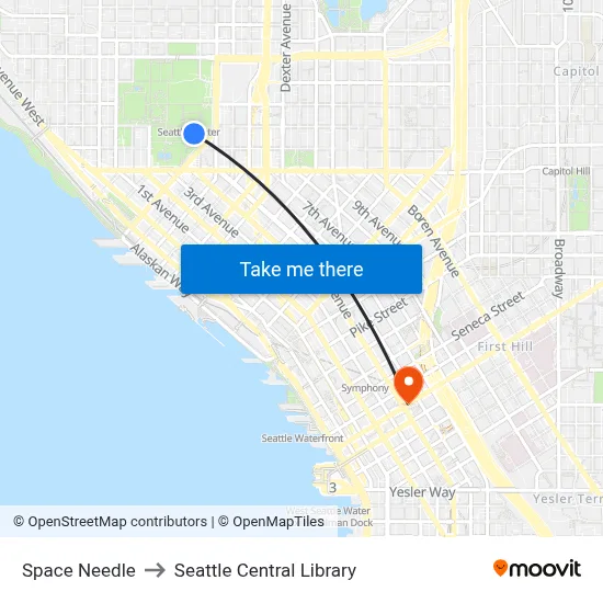 Space Needle to Seattle Central Library map