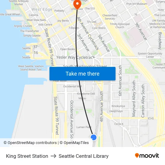 King Street Station to Seattle Central Library map