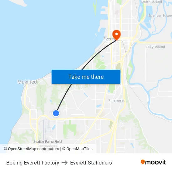 Boeing Everett Factory to Everett Stationers map