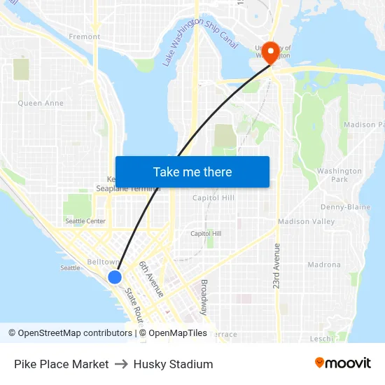 Pike Place Market to Husky Stadium map