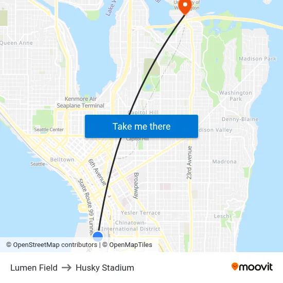 Lumen Field to Husky Stadium map