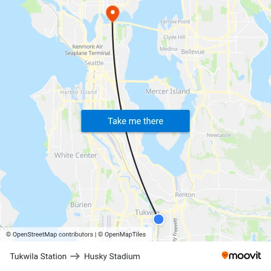 Tukwila Station to Husky Stadium map