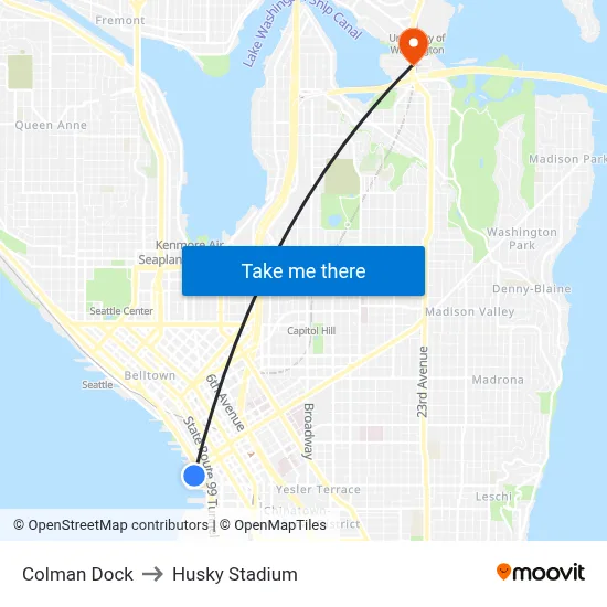Colman Dock to Husky Stadium map