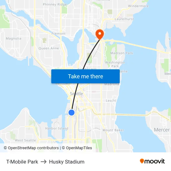 T-Mobile Park to Husky Stadium map