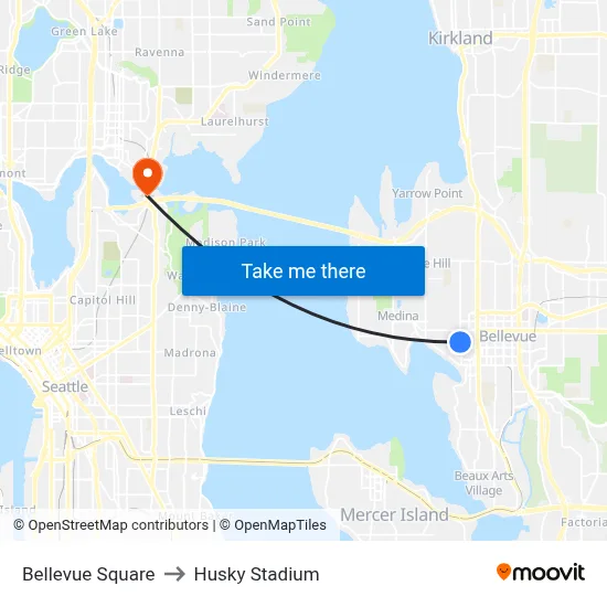 Bellevue Square, 100th Ave NE to Husky Stadium map