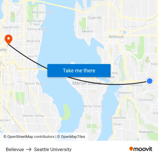 Bellevue to Seattle University map