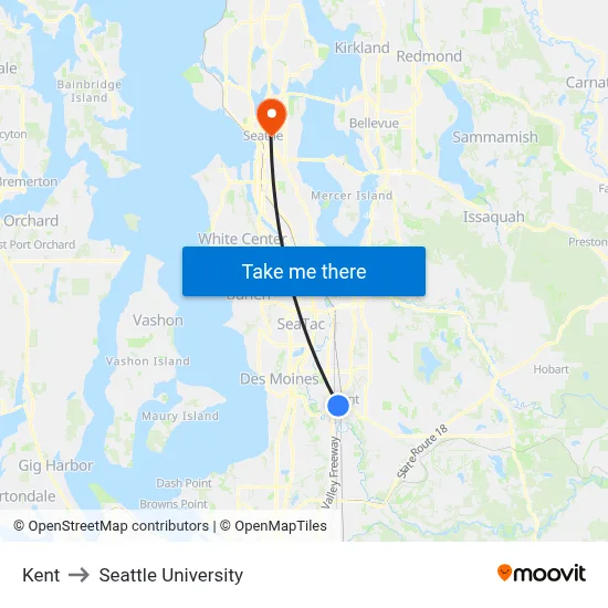 Kent to Seattle University map