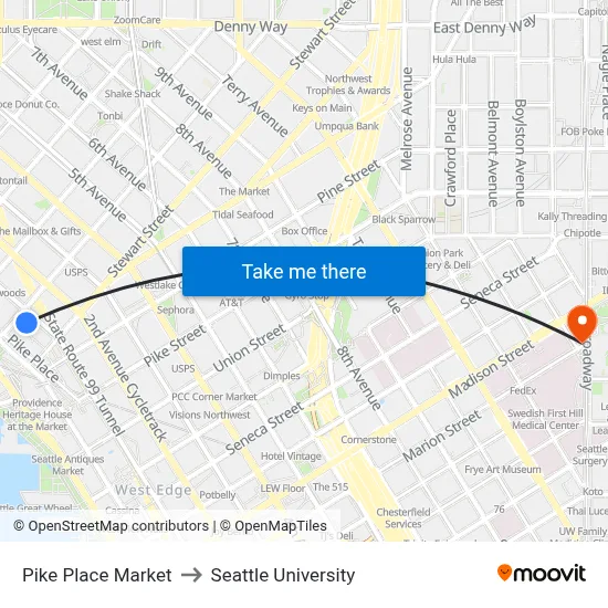 Pike Place Market to Seattle University map