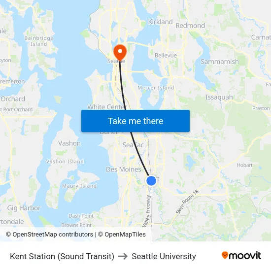 Kent Station (Sound Transit) to Seattle University map