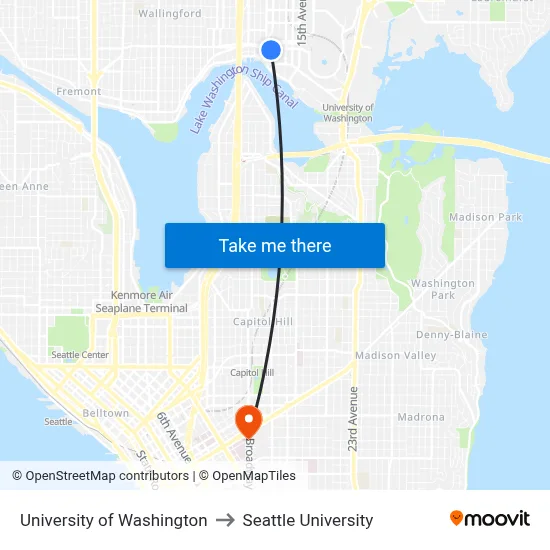 University of Washington to Seattle University map
