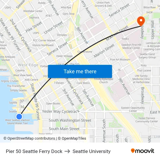 Pier 50 Seattle Ferry Dock to Seattle University map