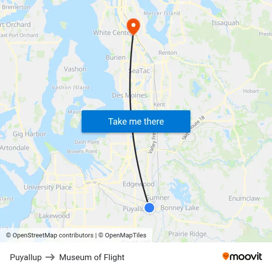 Puyallup to Museum of Flight map