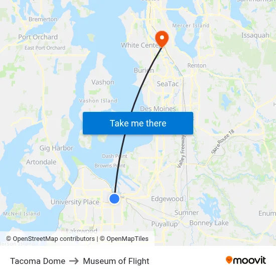 Tacoma Dome to Museum of Flight map