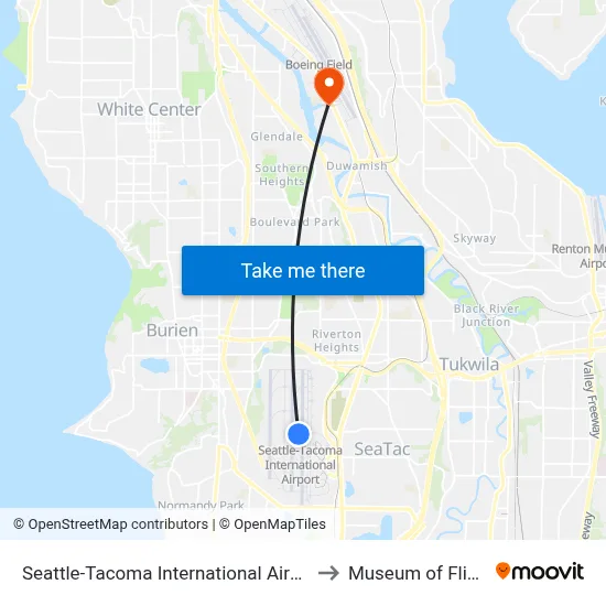 Seattle-Tacoma International Airport to Museum of Flight map