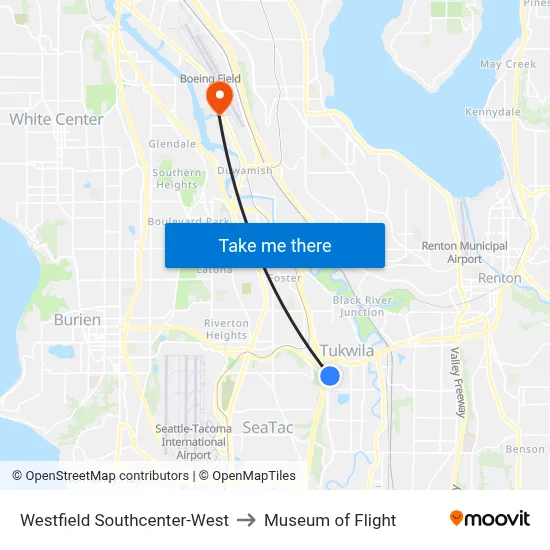 Westfield Southcenter-West to Museum of Flight map