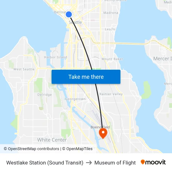 Westlake Station (Sound Transit) to Museum of Flight map