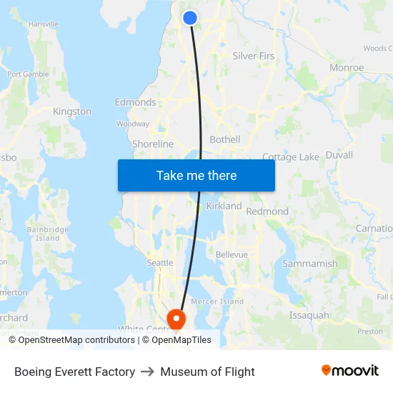 Boeing Everett Factory to Museum of Flight map