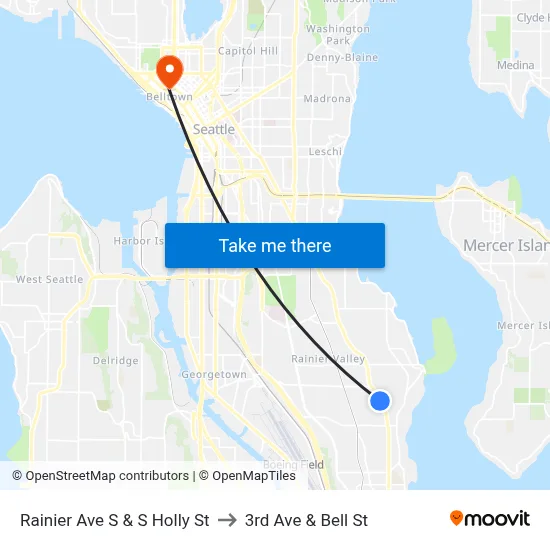 Rainier Ave S & S Holly St to 3rd Ave & Bell St map