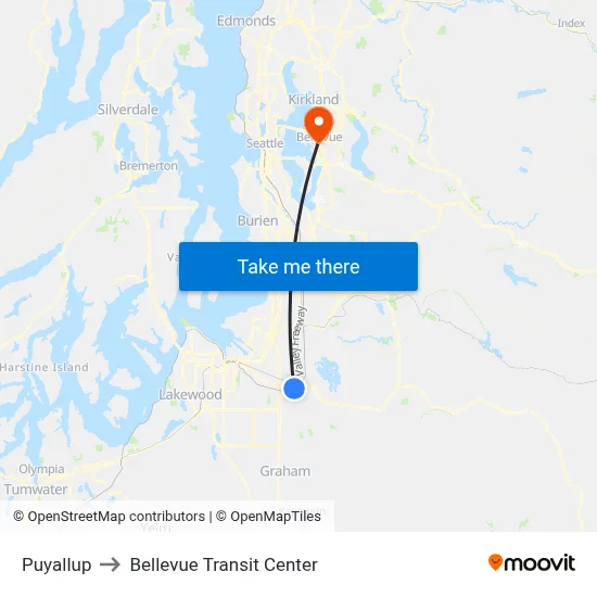 Puyallup to Bellevue Transit Center map
