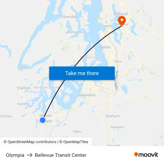 Olympia to Bellevue Transit Center map