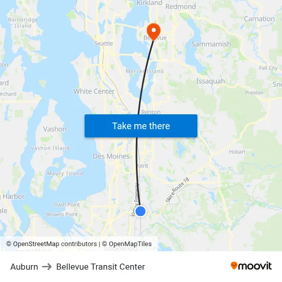Auburn to Bellevue Transit Center map