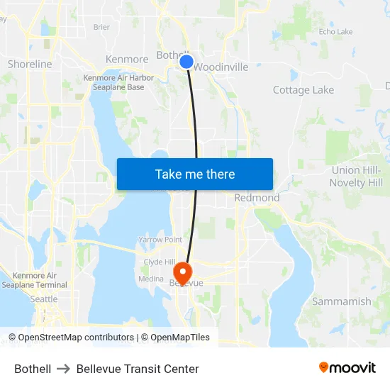 Bothell to Bellevue Transit Center map