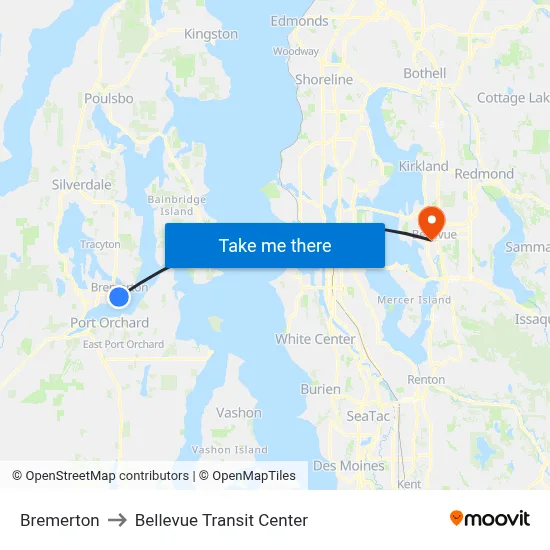 Bremerton to Bellevue Transit Center map