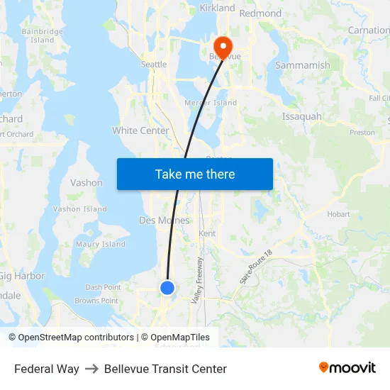 Federal Way to Bellevue Transit Center map