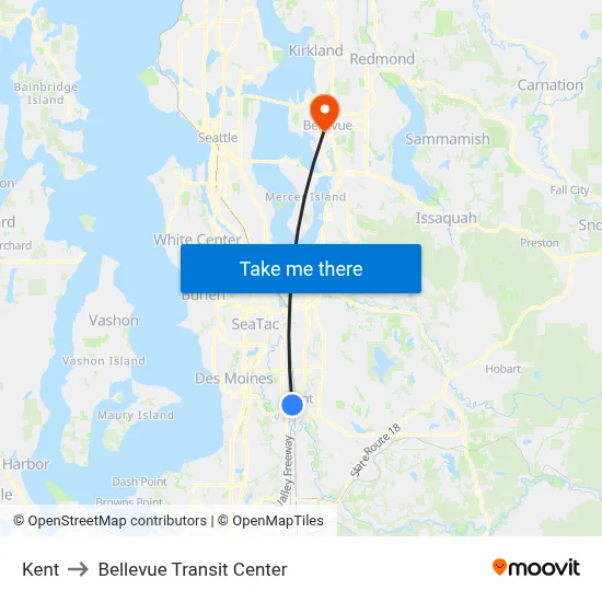 Kent to Bellevue Transit Center map