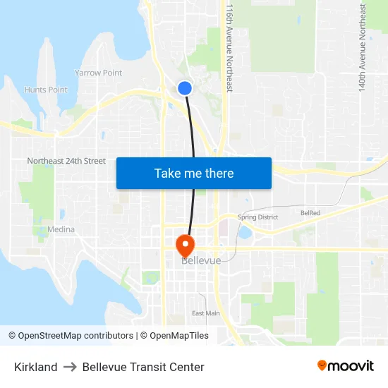 Kirkland to Bellevue Transit Center map