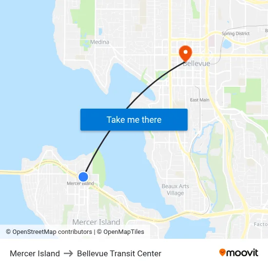 Mercer Island to Bellevue Transit Center map