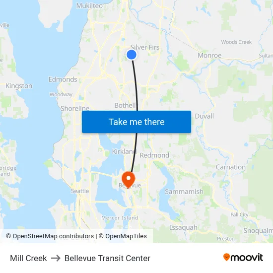 Mill Creek to Bellevue Transit Center map