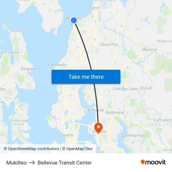 Mukilteo to Bellevue Transit Center map