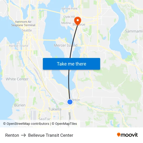 Renton to Bellevue Transit Center map