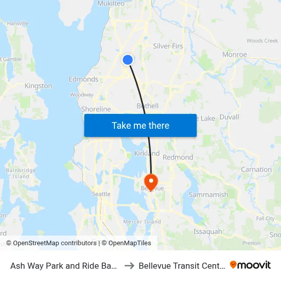 Ash Way Park and Ride Bay 1 to Bellevue Transit Center map