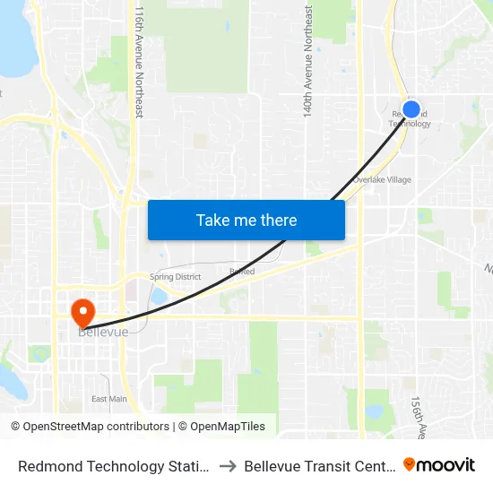 Redmond Technology Station to Bellevue Transit Center map