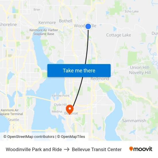Woodinville Park and Ride to Bellevue Transit Center map
