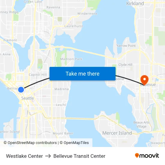 Westlake Center to Bellevue Transit Center map