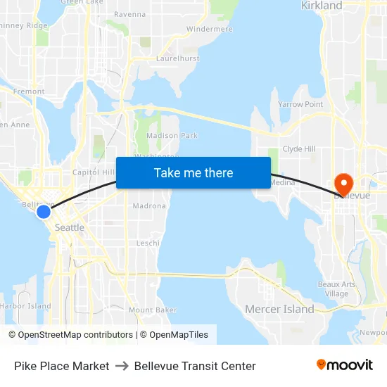 Pike Place Market to Bellevue Transit Center map