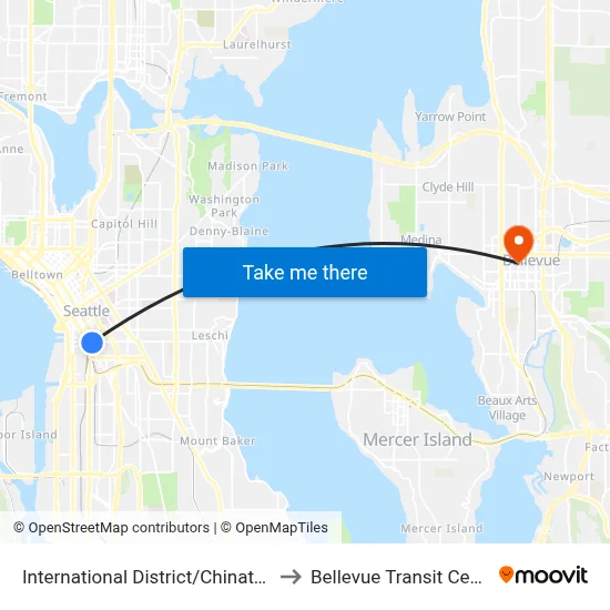 International District/Chinatown to Bellevue Transit Center map