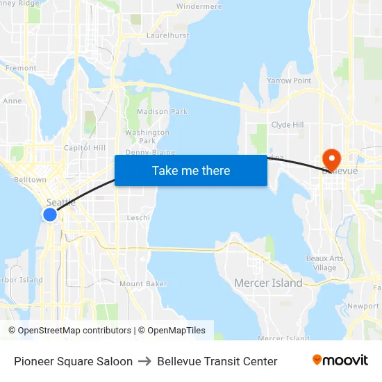 Pioneer Square Saloon to Bellevue Transit Center map