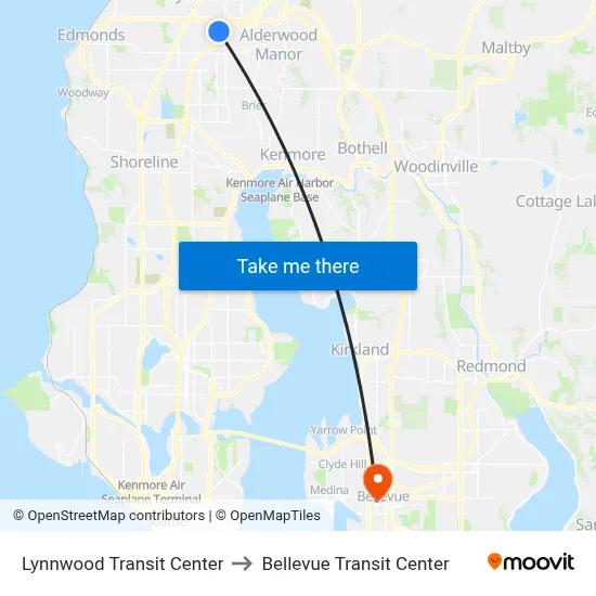 Lynnwood Transit Center to Bellevue Transit Center map