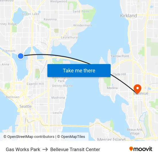Gas Works Park to Bellevue Transit Center map