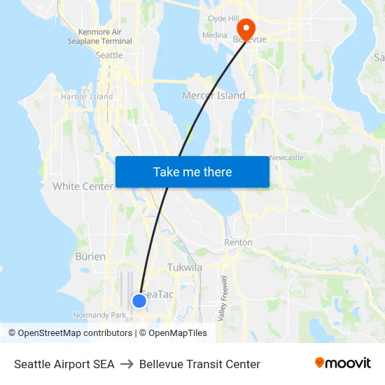 Seattle Airport SEA to Bellevue Transit Center map