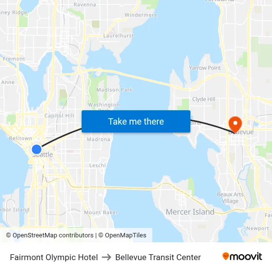 Fairmont Olympic Hotel to Bellevue Transit Center map