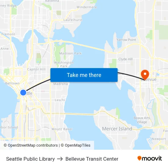 Seattle Public Library to Bellevue Transit Center map