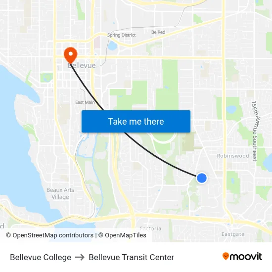 Bellevue College to Bellevue Transit Center map